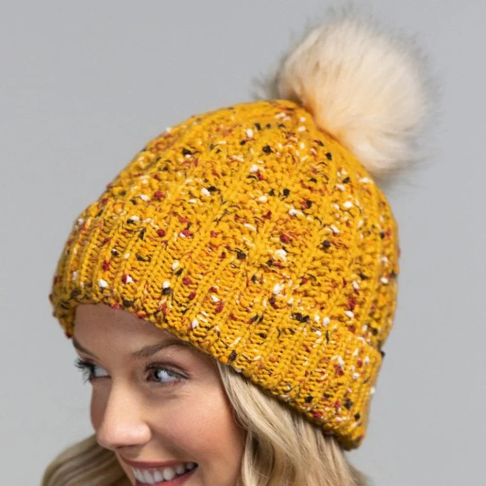 🆕 Mustard & Multicolor Confetti Knit Beanie w/ Faux Fur Pom-Pom 🆕
